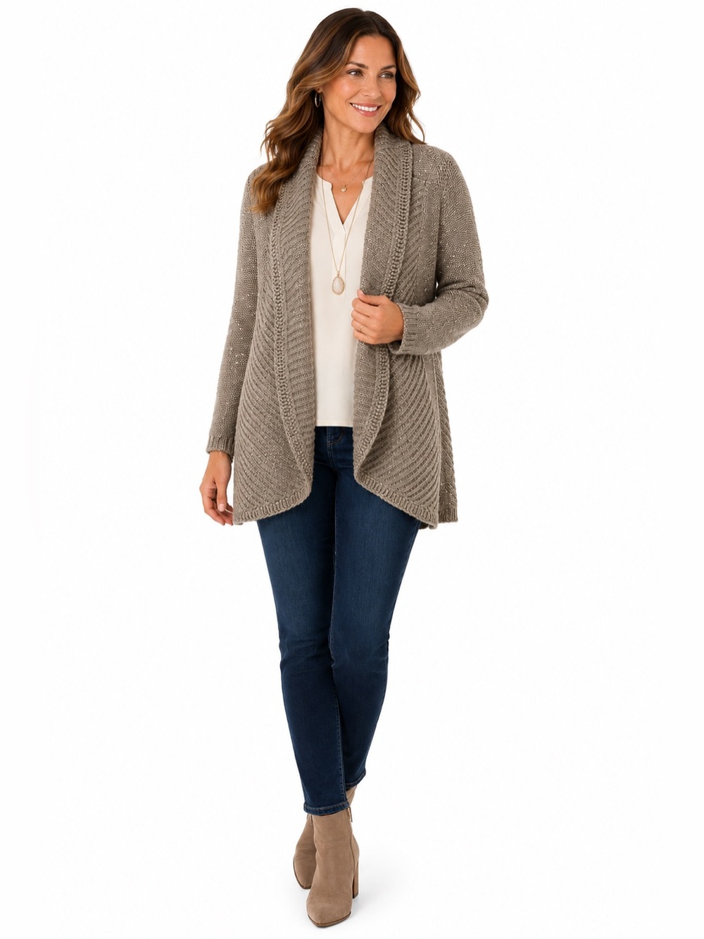 Chico’s Size 4 XXL Taupe Sequin Open Front Knit Cardigan Shawl Collar Sweater